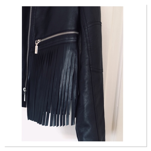 New Brave Soul Black Faux Leather Festival Jacket with Fringe Detail - Picture 5 of 6